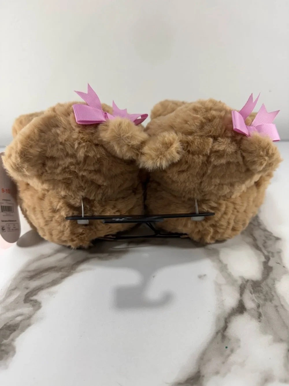 3D Teddy Bear Plush Brown Pink Bow Toddler, Little & Big Girls Cute Slippers